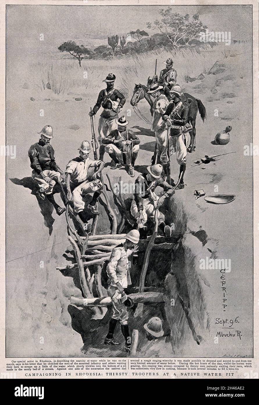 Des soldats grimpent pour aller chercher de l'eau au fond d'une fosse.Demi-teinte après C. Fripp, 1896. Banque D'Images