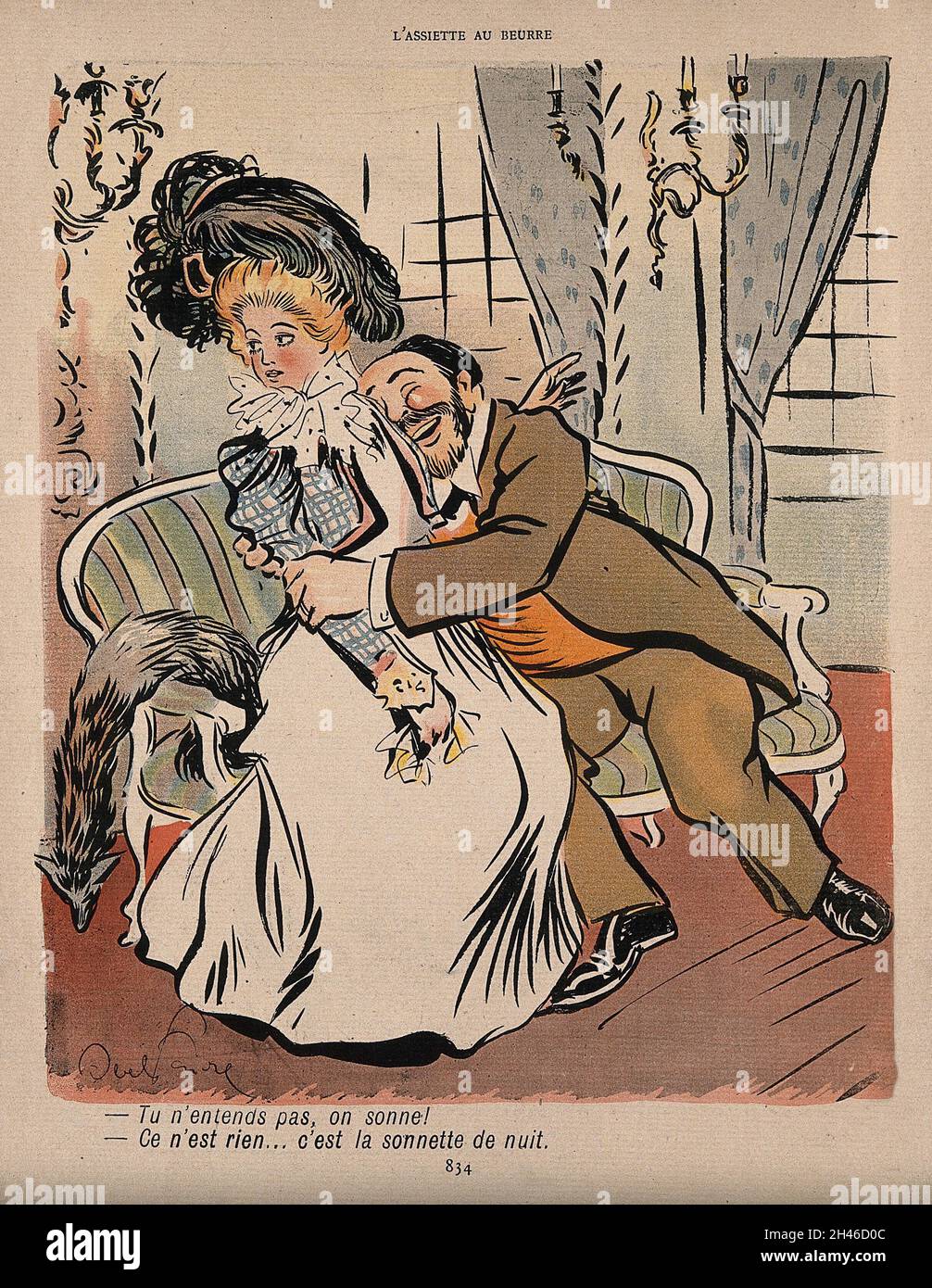 Un médecin mue une jeune femme.Impression de processus couleur après J-A.Faivre, 1902. Banque D'Images