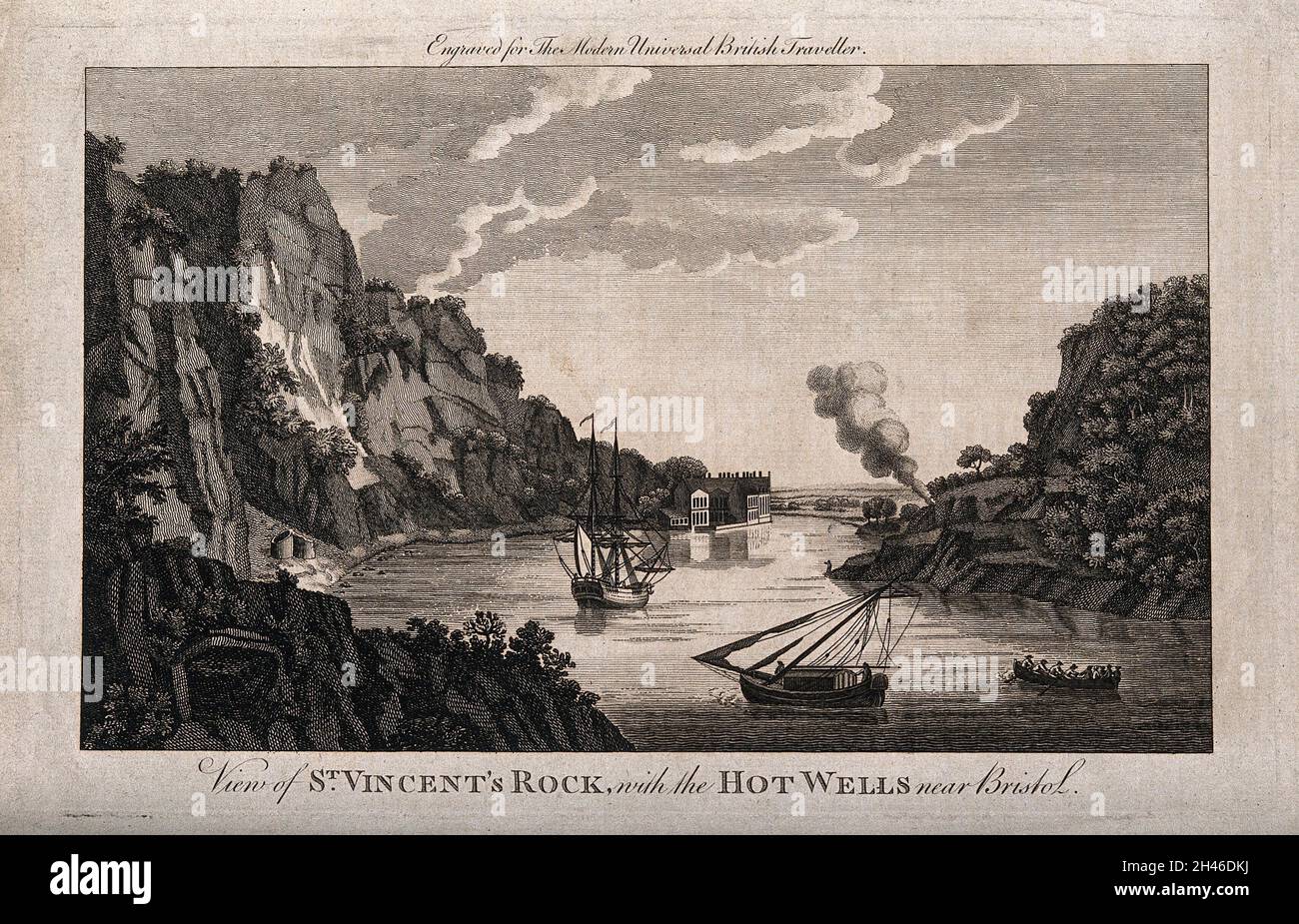 Scène aquatique de la roche et des puits chauds de Saint-Vincent, près de Bristol.Gravure de ligne, 1779. Banque D'Images