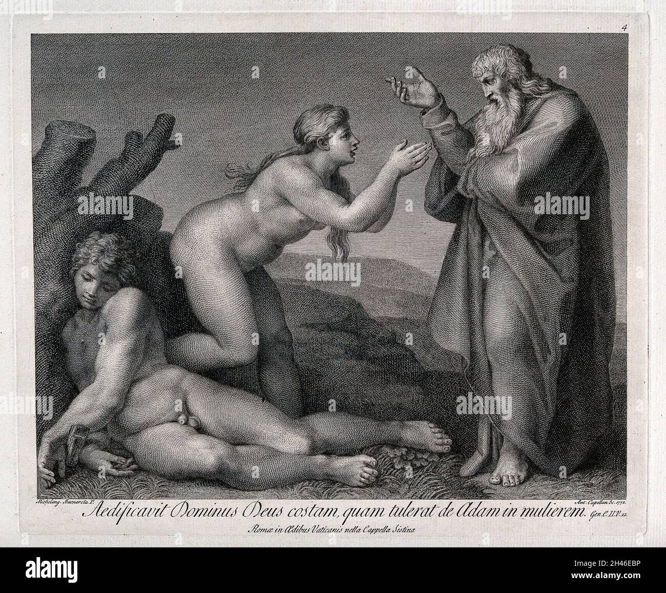 À la demande de Dieu, Eve monte prier du côté d'Adam.Gravure de A. Capellani, 1772, après Michel-Ange. Banque D'Images