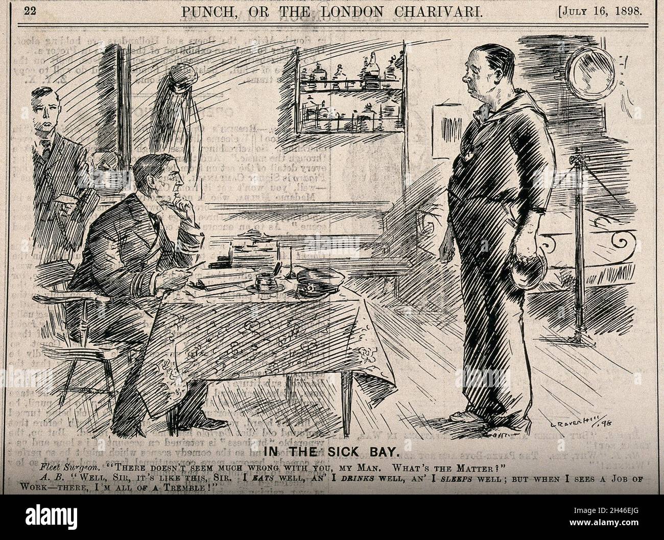 Un marin disant au médecin du navire que le travail dur est mauvais pour lui.Gravure de bois par L. Raven-Hill, 1898. Banque D'Images