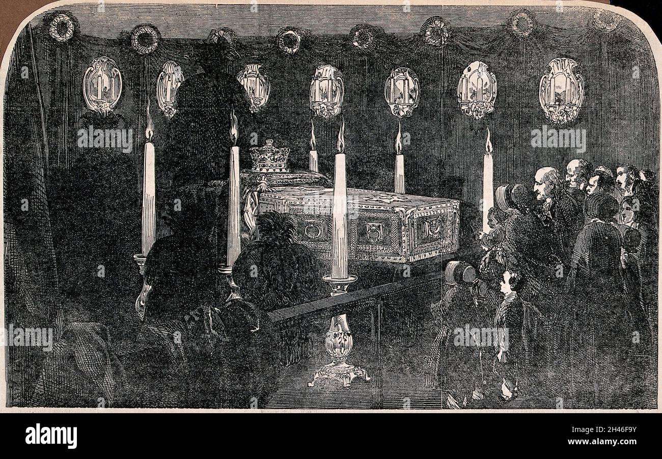 Le duc de Wellington est situé dans l'État au château de Walmer.Gravure en bois. Banque D'Images