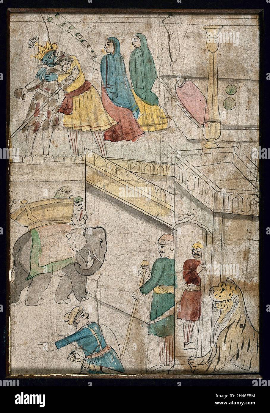 Une divinité indienne embrasse un homme pauvre.La peinture de gouache par un artiste indien, ca.1750(?). Banque D'Images