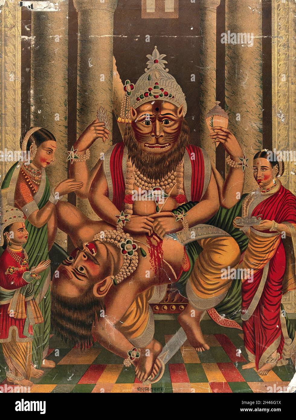 Narasimha disemboweling Haranyakasipu devant son fils et deux serveuses.Chromolithographe. Banque D'Images