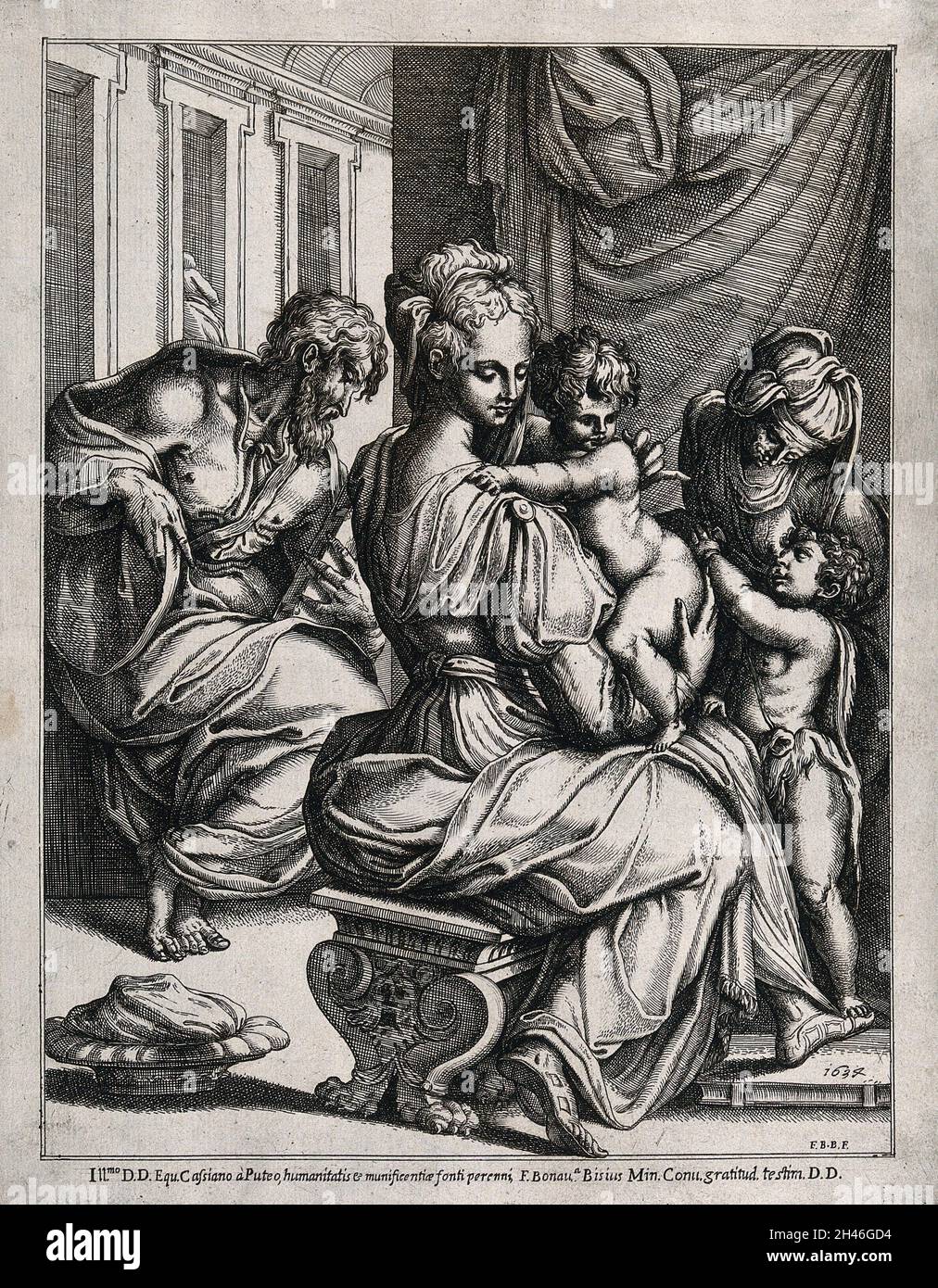 Sainte Marie (la Sainte Vierge) et Saint Joseph avec l'enfant Christ, Saint Jean-Baptiste et Saint Elisabeth.Gravure de FRA Bonaventura Bisi, 1634. Banque D'Images