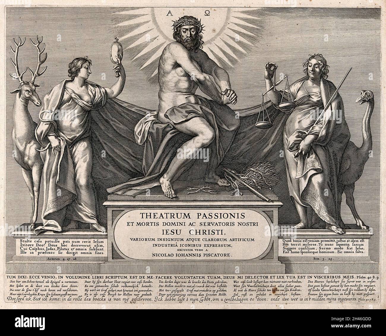 Christ comme homme de tristesse entre le destin et la justice.Gravure. Banque D'Images
