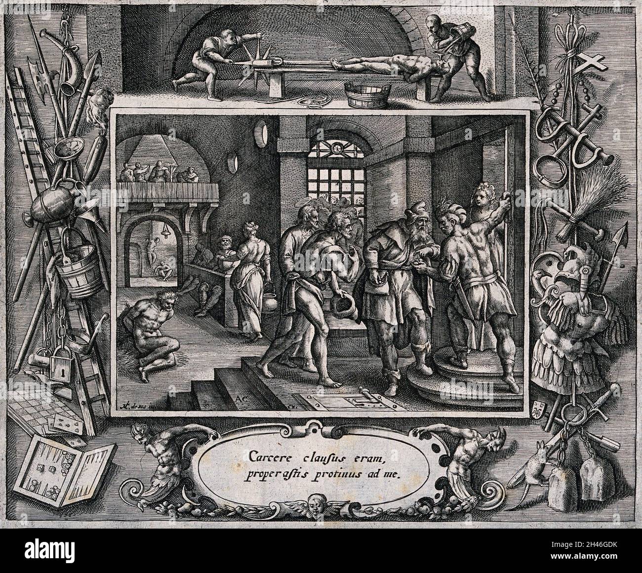 Un geôlier reçoit de l'argent pour avoir libéré un prisonnier d'une chambre de torture.Gravure par A.C. après M. de vos. Banque D'Images