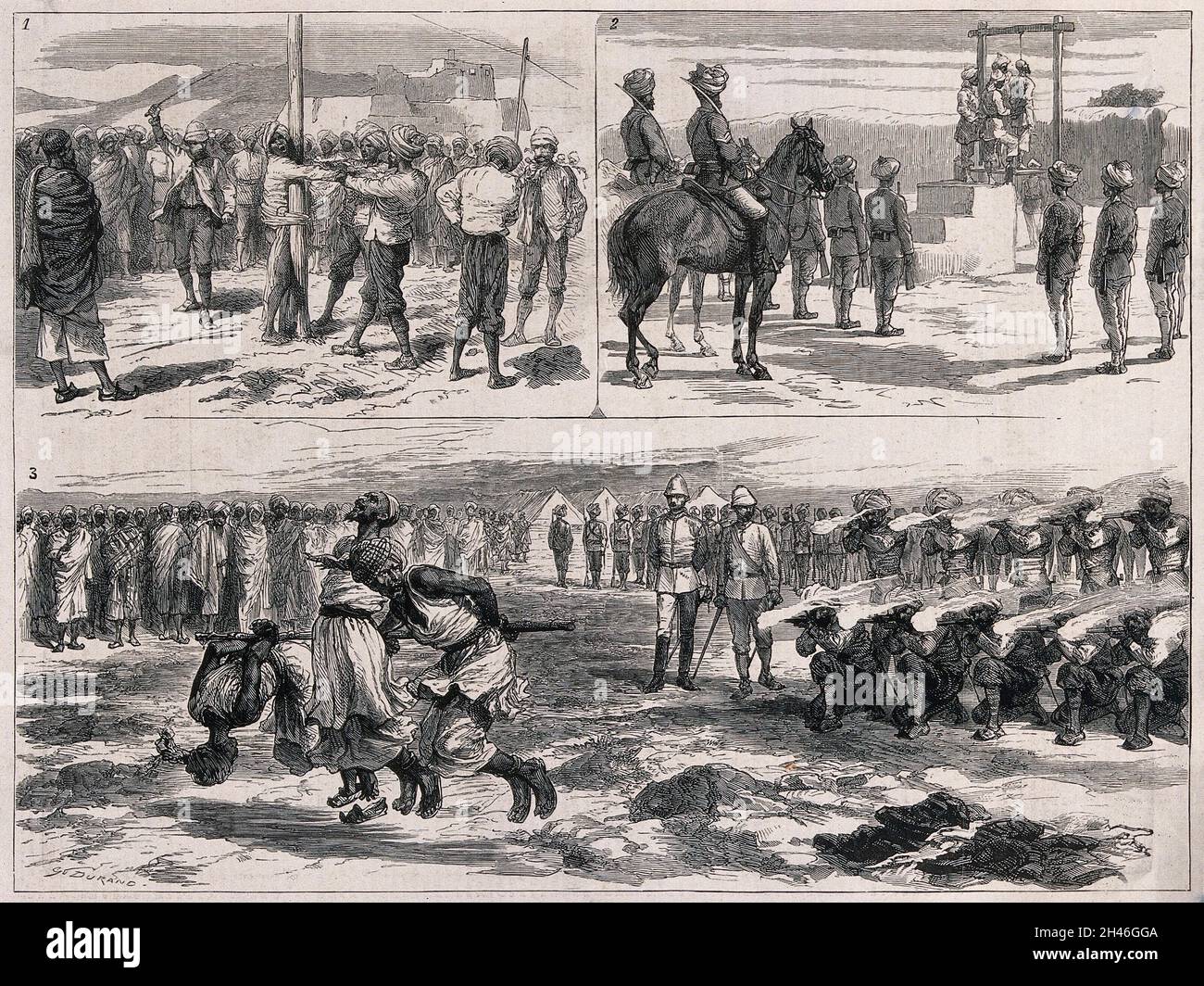 Châtiments dans les camps pendant les guerres afghanes, y compris la flagellation, la pendaison et le tir des Afghans tout en étant attaché à une tige.Gravure de bois par G. Durand. Banque D'Images