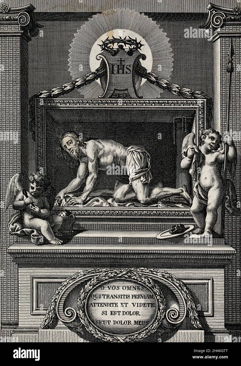 Le Christ comme homme de Sorrows dans l'église du Collège d'Antequera.Gravure de J.M.Martin. Banque D'Images