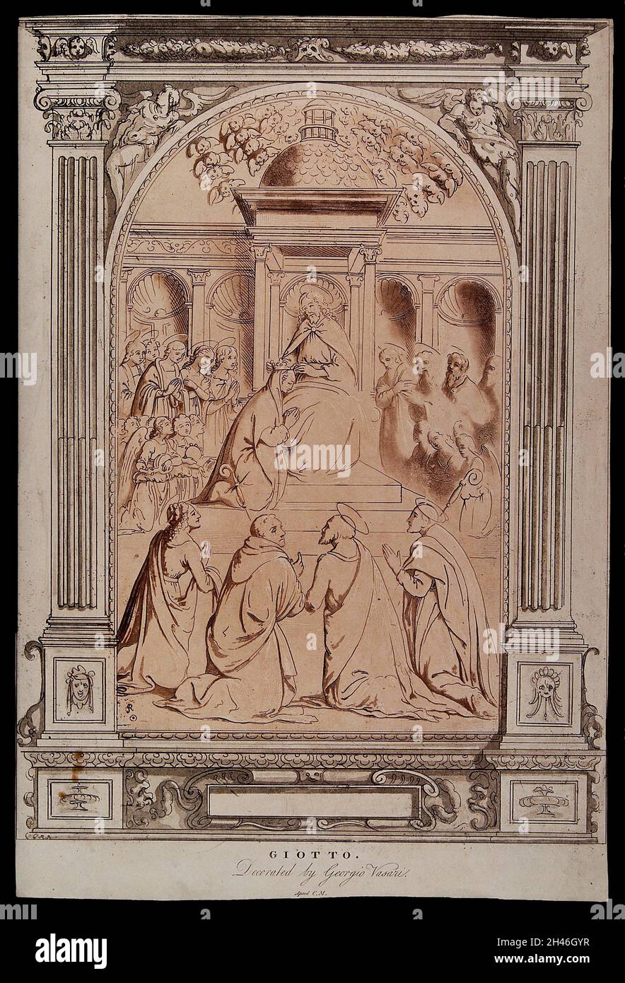 Le Christ, enthroné, couronne Marie dans le ciel.Gravure avec aquatint par C.M.Metz après Giotto et G. Vasari. Banque D'Images