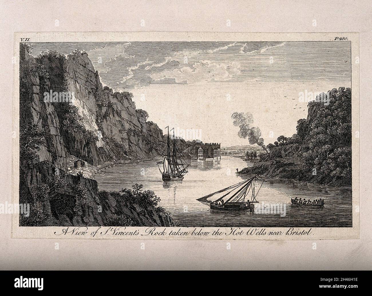 Vue sur le port du rocher de Saint-Vincent, prise des puits chauds de Bristol.Gravure de ligne, 1776. Banque D'Images
