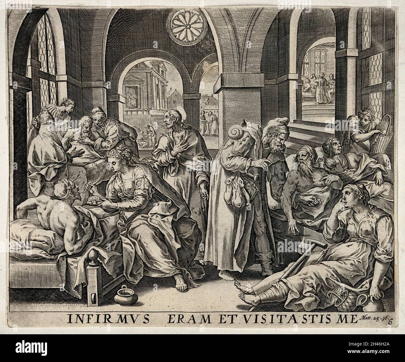 Un Service D Hopital Montrant Les Patients Malades Etant Traites Par Le Personnel Medical Apres Une Citation De La Bible Matt 25 36 Gravure En Ligne Par C Galle Photo Stock Alamy