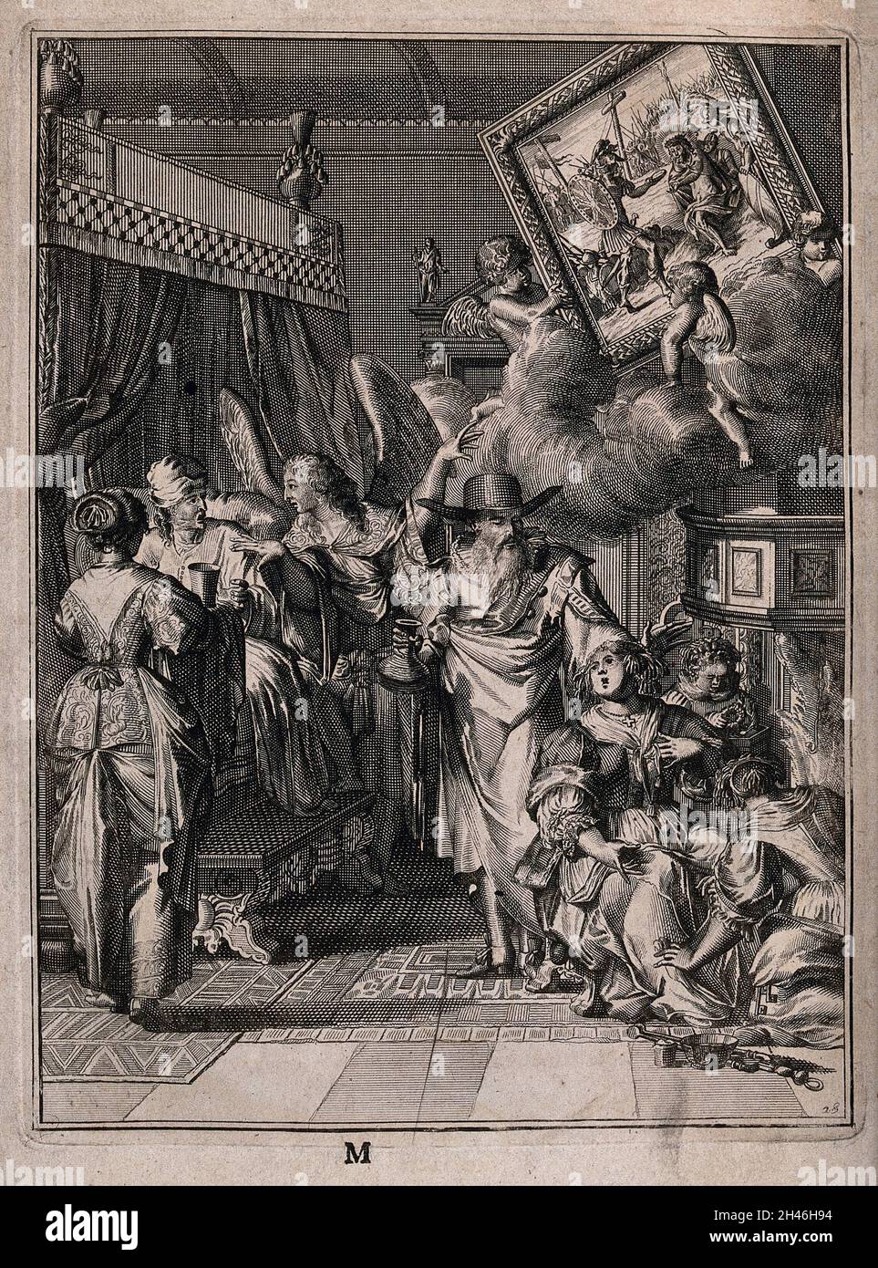 Un homme mourant reçoit une coupe alors qu'un ange pointe vers une image du Christ.Gravure. Banque D'Images