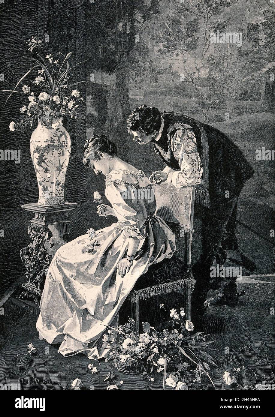 Un jeune homme se penche sur l'arrière de la chaise de la jeune femme et elle sourit alors qu'elle tient la fleur dans sa main.Gravure de bois par R. Bong X.A. après E. Meisel. Banque D'Images