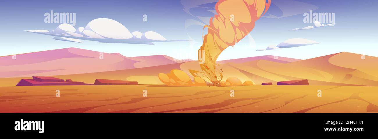 Tornade, tempête de vent avec entonnoir d'air dans le désert.Illustration de la caricature vectorielle d'un phénomène météorologique dangereux, tourbillon de sable, tornade poussiéreuse dans le désert avec des dunes jaunes Illustration de Vecteur