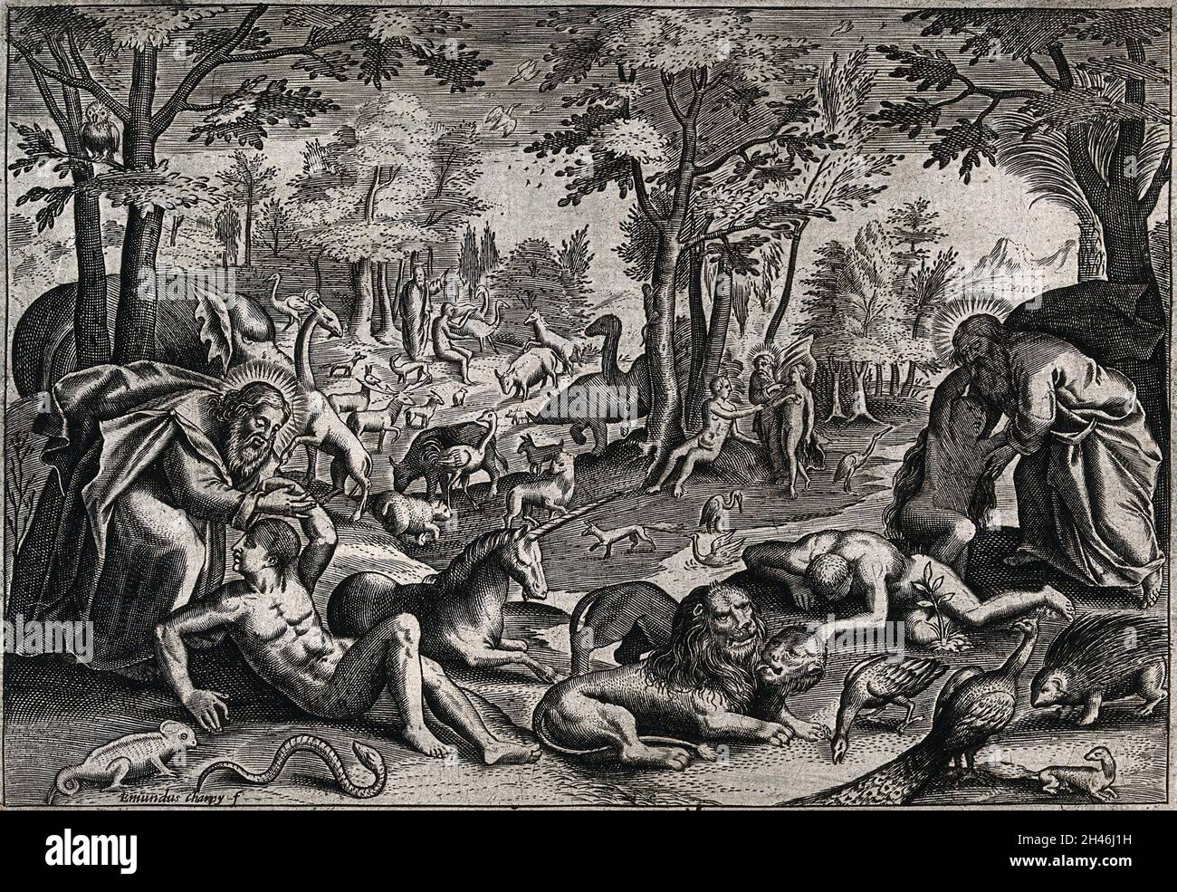 Dieu crée l'homme et la femme.Gravure de lignes par E. Charpy après J. Sadeler. Banque D'Images