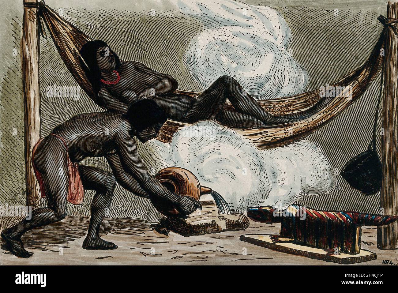 Guyane française: Une femme sur le point de livrer un bébé recevant un bain de vapeur.Photographie, env.1913. Banque D'Images