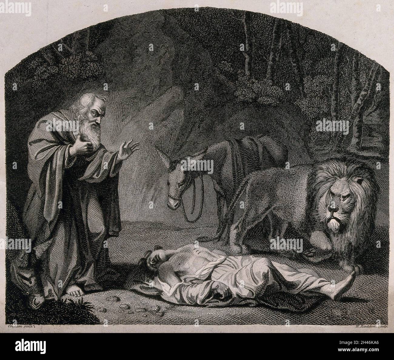 Un vieux prophète de Bethel trouve le corps d'un homme de Dieu de Juda qui avait été tué par un lion après avoir accepté l'hospitalité contre le commandement de Dieu.Gravure par W. Raddon d'après J. Graham. Banque D'Images