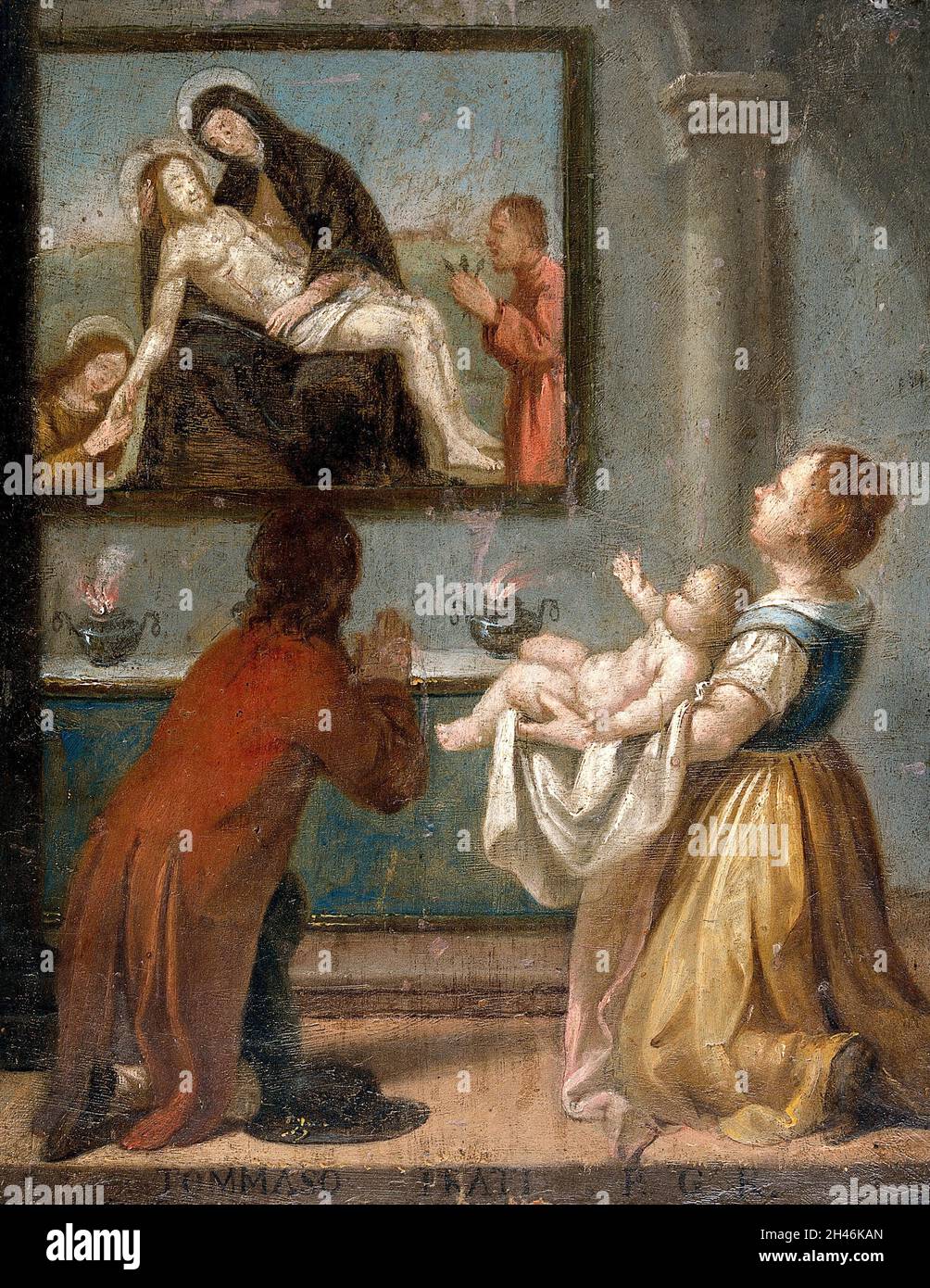 Un homme et une femme tenant un bébé devant un autel.Peinture à l'huile par un peintre italien, 18 (?)siècle. Banque D'Images