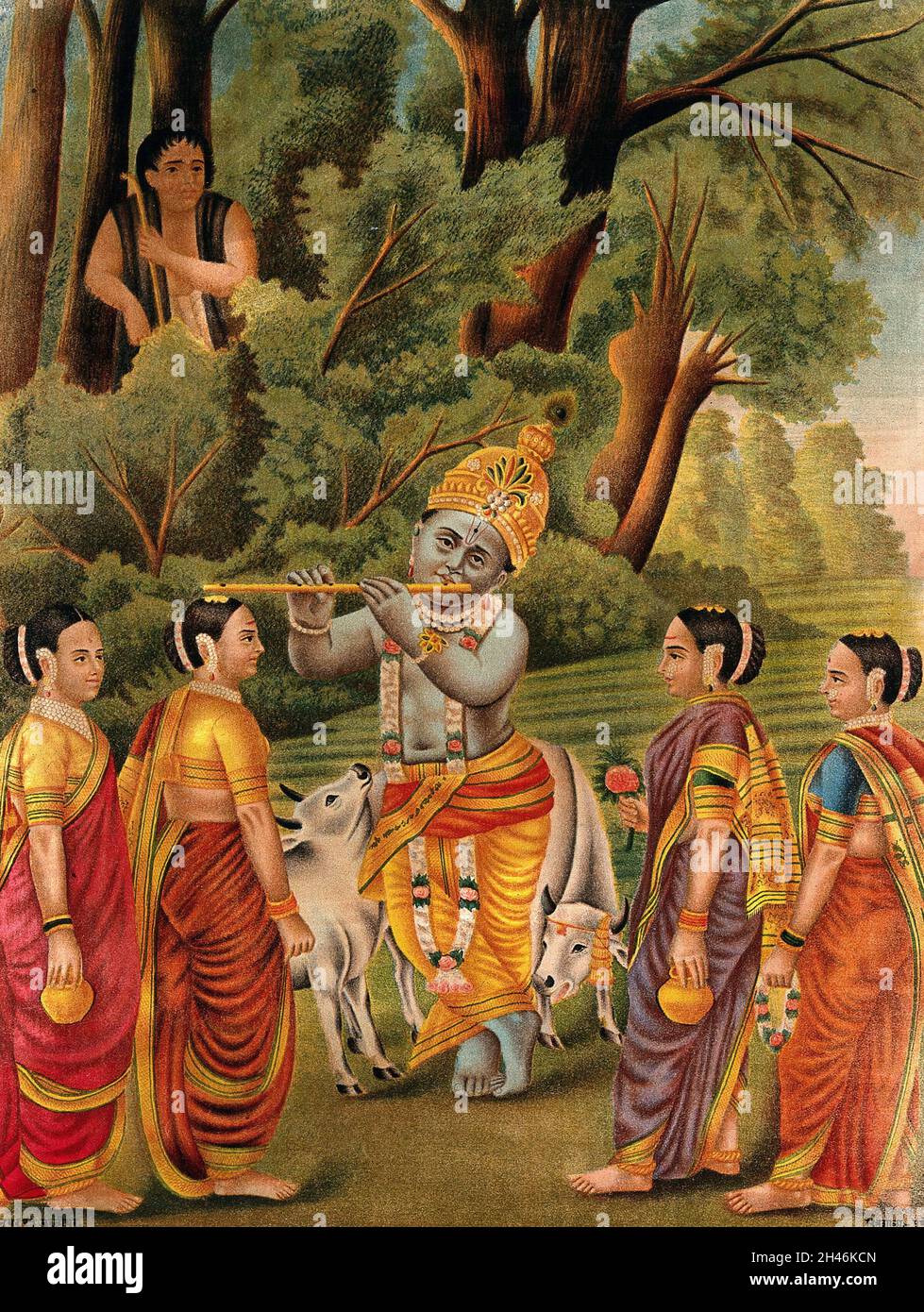 Krishna joue sa flûte aux gopes tandis qu'un homme regarde des bois.Chromolithographe. Banque D'Images