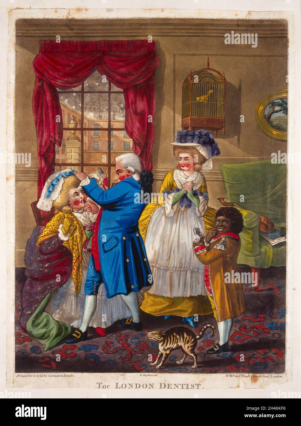 Un dentiste de Londres extrayant une dent de la bouche d'une femme; sa compagne féminine et le garçon-serviteur noir du dentiste sont présents.Mezzotint coloré d'après Robert Dighton, ca.1784. Banque D'Images
