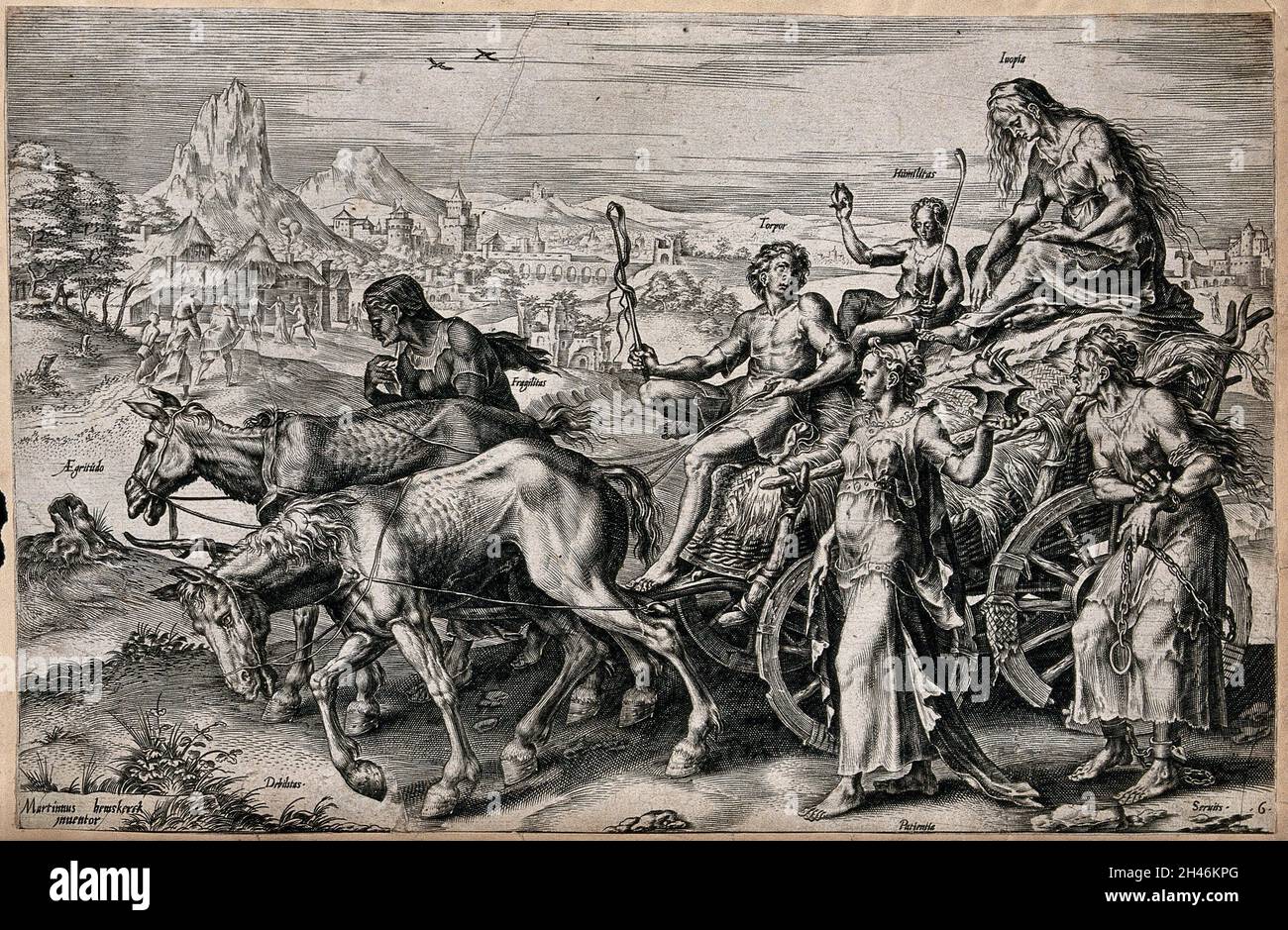 Un bain de foin dilapidé, tiré par des ânes emaciés (faiblesse mentale et physique) est conduit par un jeune homme (torpeur) et porte deux femmes en chiffons (pauvreté et humilité) tandis que trois femmes (fragilité, patience et servitude) acompany la charrette; représentant les attributs de l'existence humaine.Gravure après M. van Heemskerck. Banque D'Images