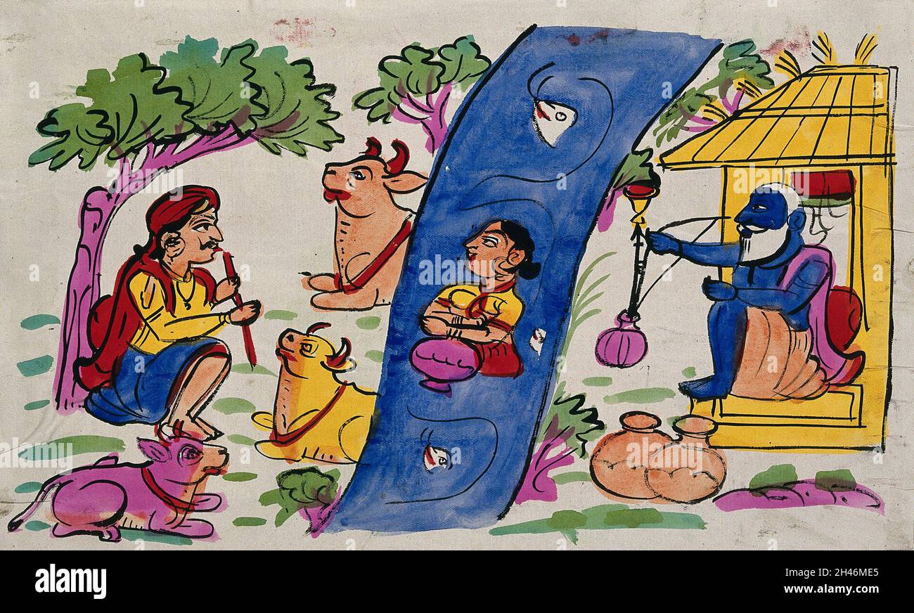 Page 113: Krishna jouant sa flûte aux vaches et Radha qui est immergé dans la rivière, tandis qu'un vieil homme fugeant un narguilé observe.Mise en plan aquarelle. Banque D'Images