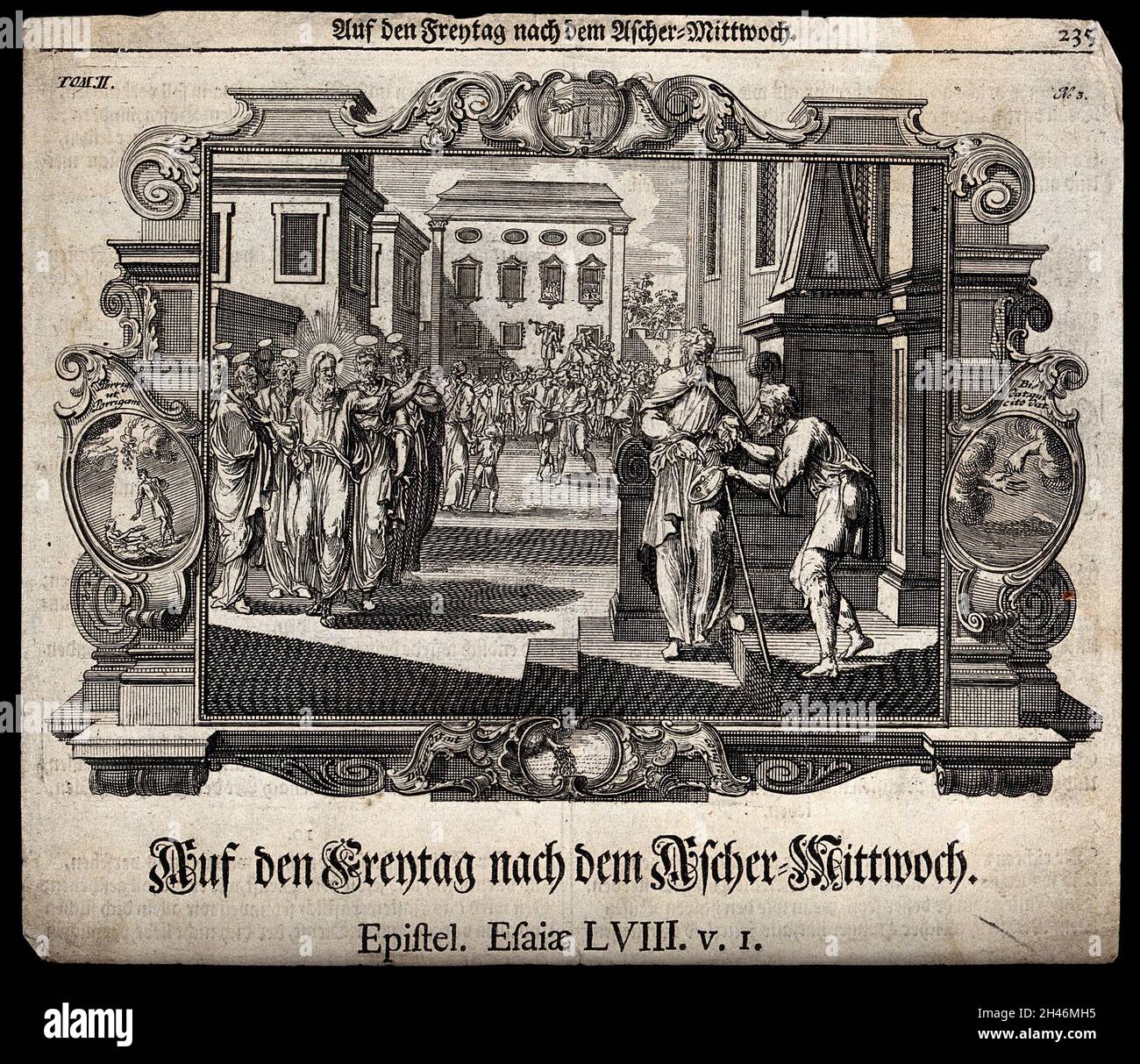 Christ et les apôtres marchent vers un homme qui donne tranquillement des almes à un mendiant.Gravure. Banque D'Images