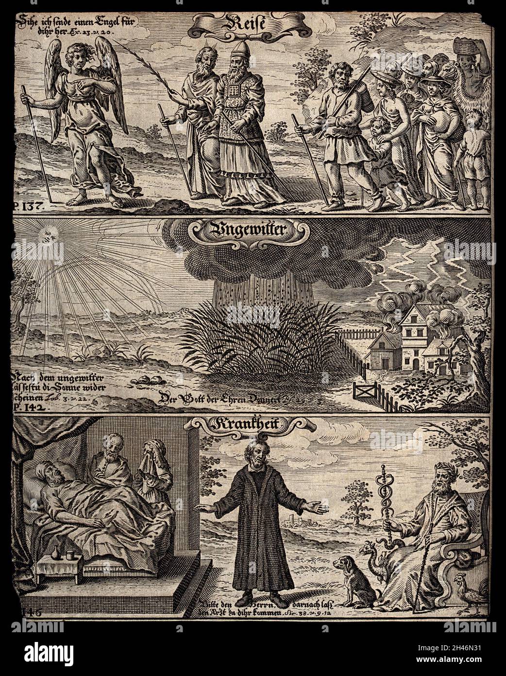 La protection de Dieu dans diverses formes de détresse: L'ange du Seigneur guide Moïse et Aaaron qui mènent le peuple sur un voyage; le bon temps après un orage; un homme prie pour qu'un médecin soit appelé à un lit malade.Gravure. Banque D'Images