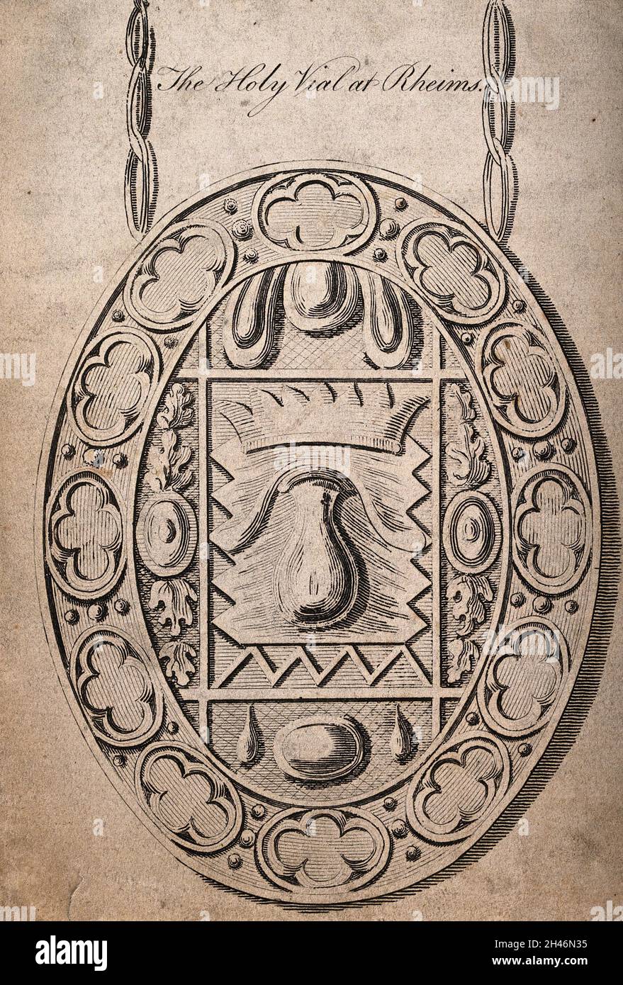 La Sainte Ampulla (Sainte ampoule) à Reims, utilisée pour l'onction des rois de France avant la Révolution française.Gravure, 1793. Banque D'Images