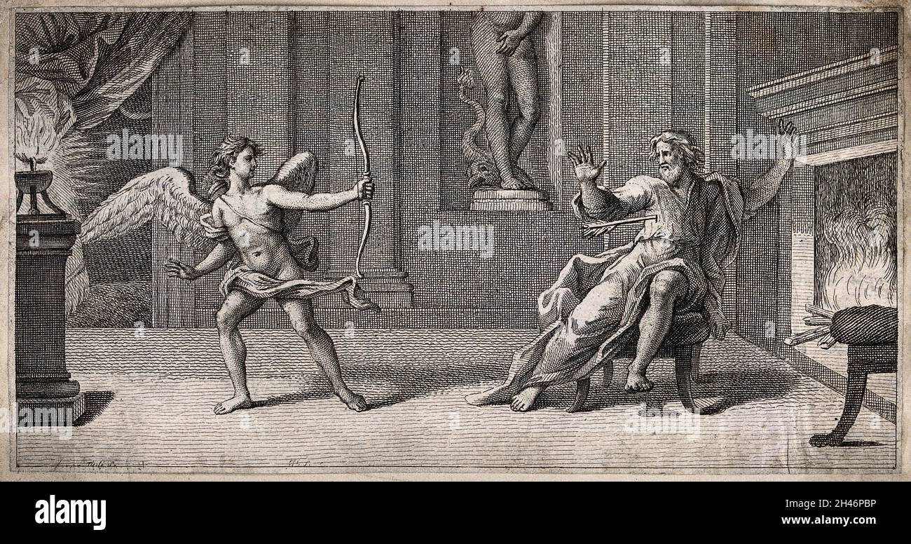 Un ange tire une flèche vers un vieil homme.Gravure. Banque D'Images