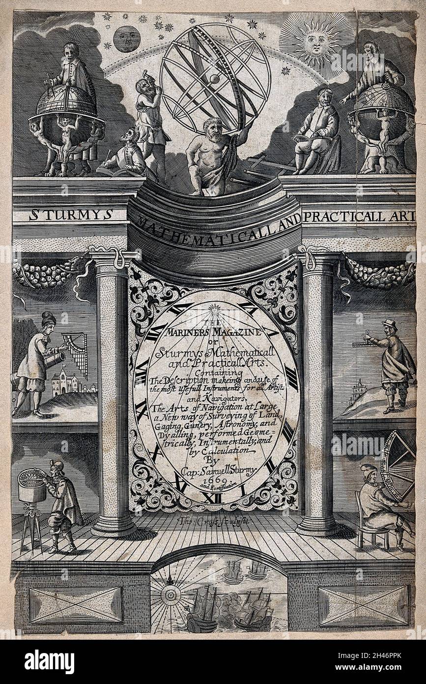 Navigation : la page de titre gravée dans le magazine Mariners.Gravure par T. Cross 1669 [après S. Sturmy?]. Banque D'Images