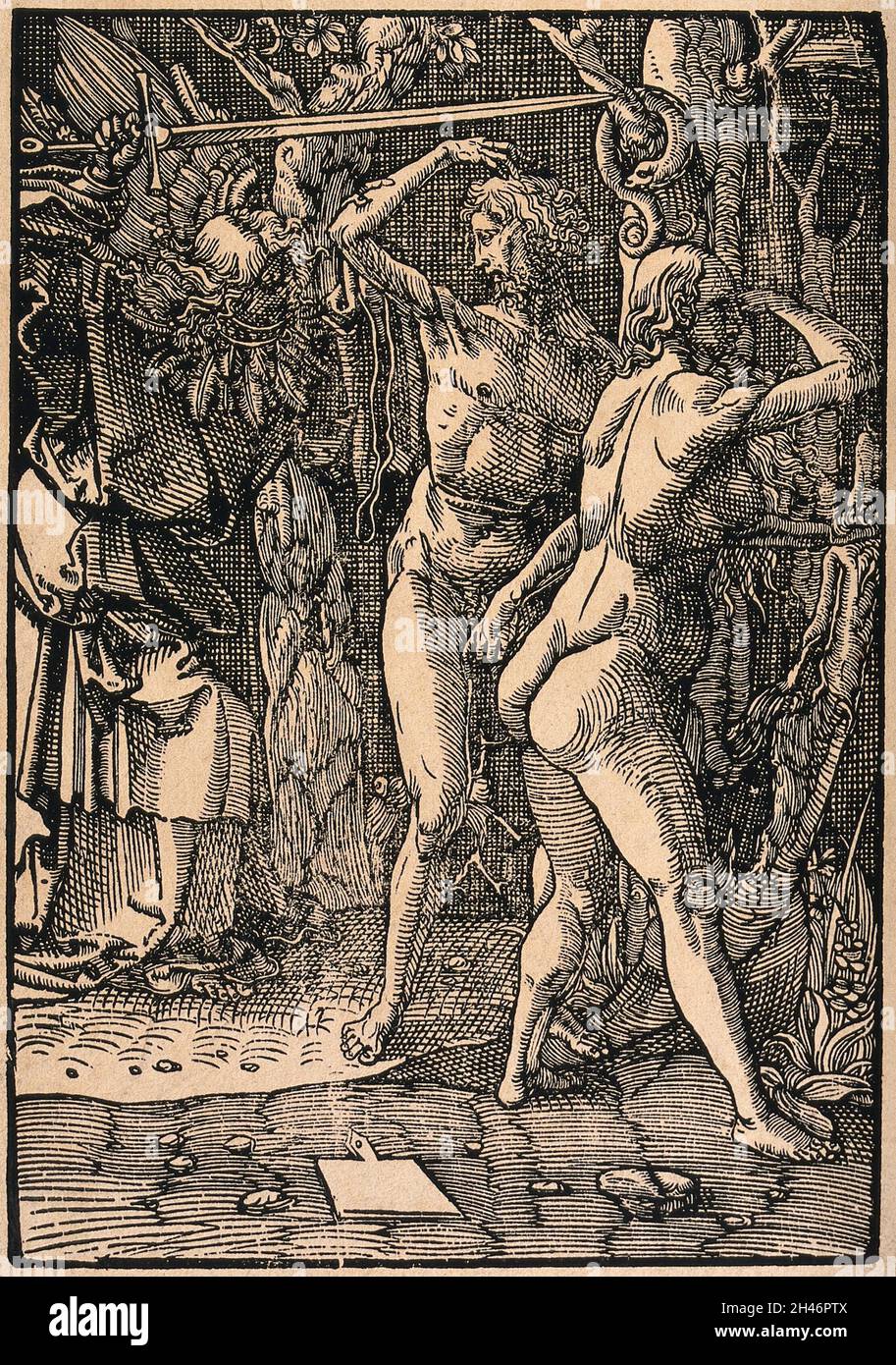 Adam et Eve sont expulsés d'Eden par un ange porteur d'épée.Coupe de bois. Banque D'Images