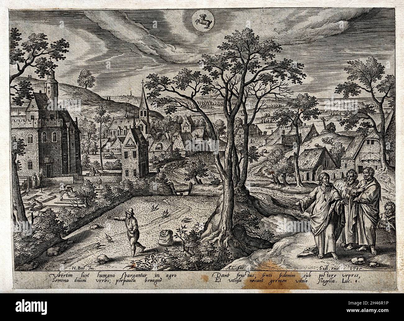 Le mois d'avril et le signe du Taureau, représenté par un village au printemps, et par la parabole de la sower.Gravure par A. Collaert d'après H. bol, 1585. Banque D'Images