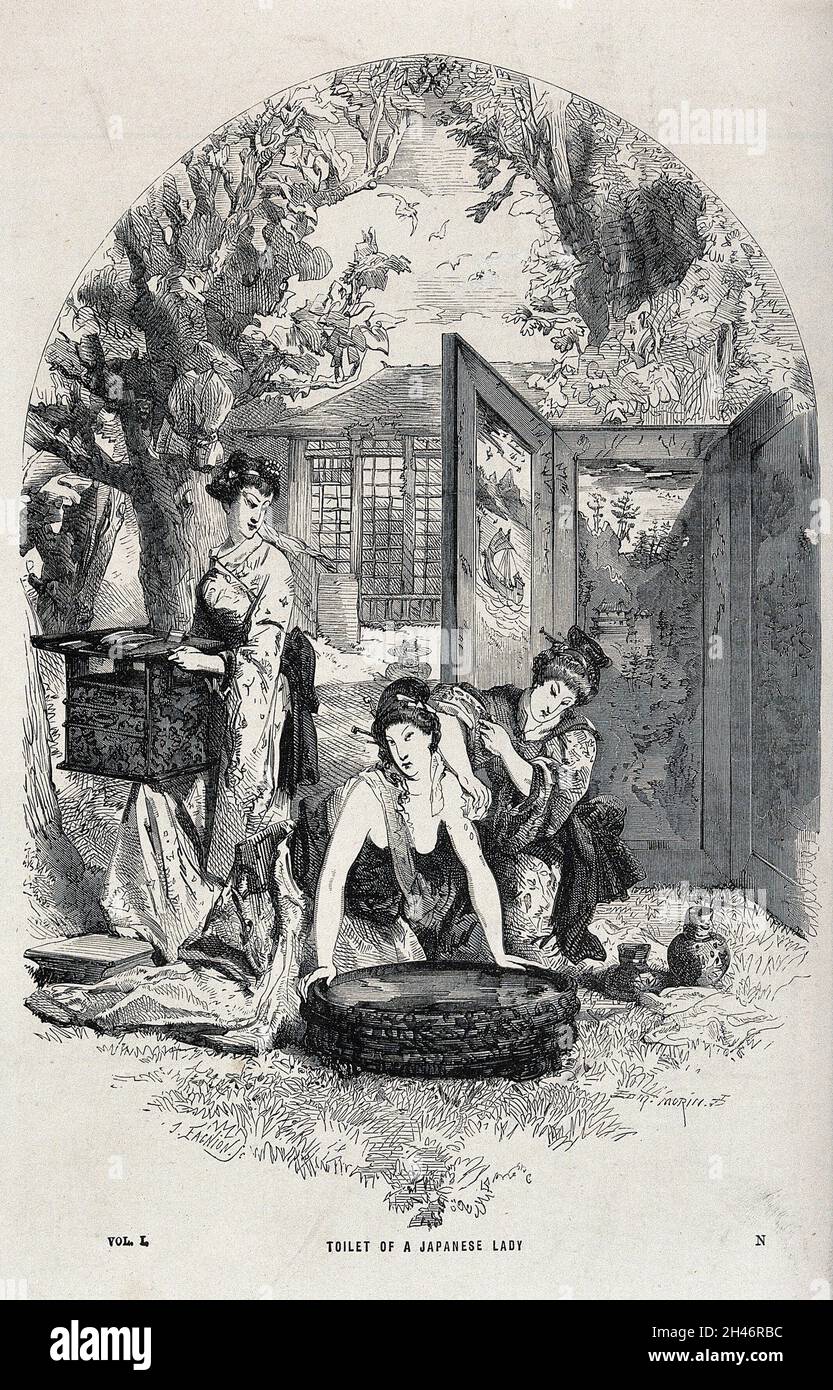Une femme japonaise à ses toilettes, à laquelle assistaient deux serviteurs.Gravure de bois par E. Morin. Banque D'Images