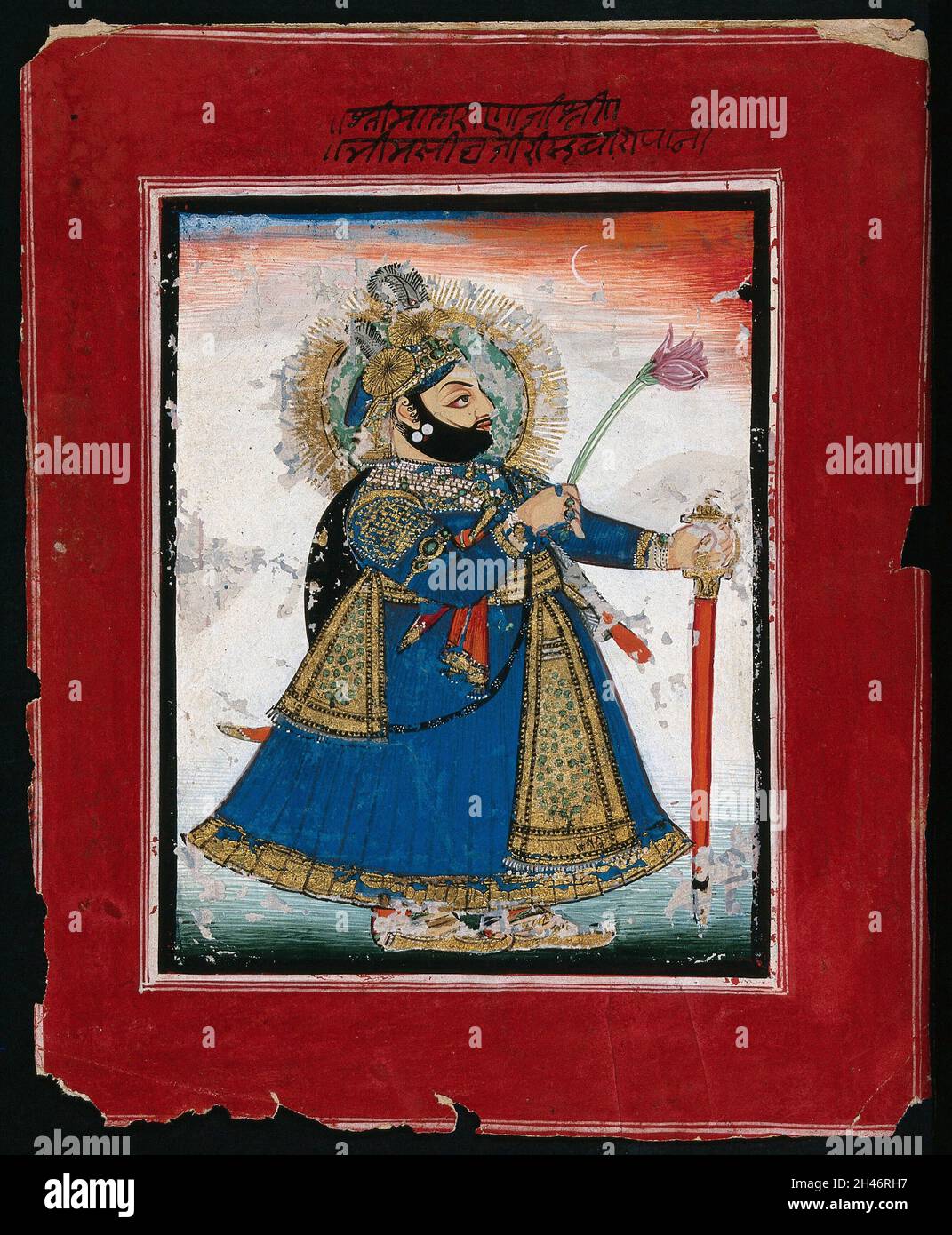 Un souverain sikh tenant une fleur de lotus.Peinture de gouache par un peintre indien. Banque D'Images