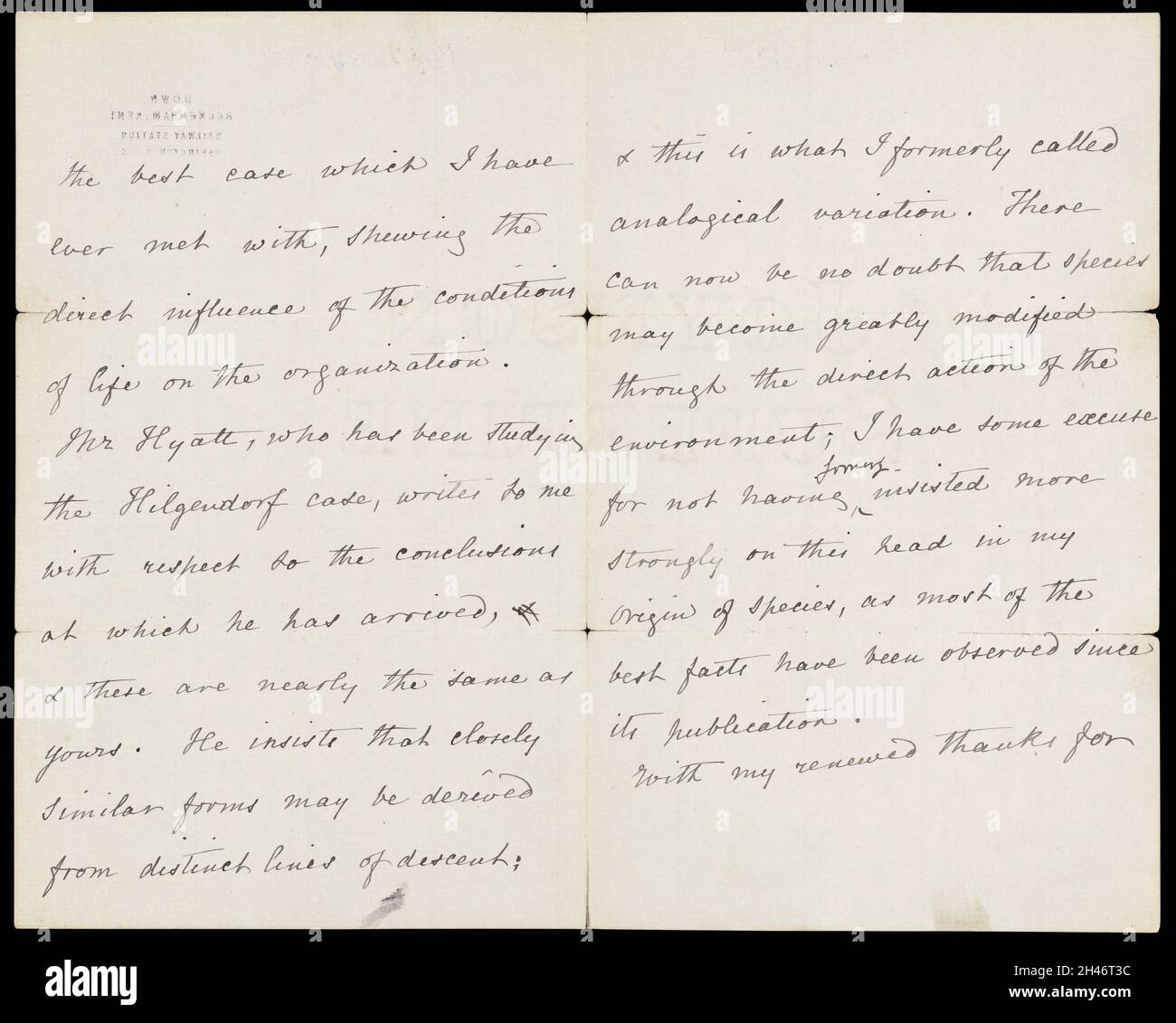 1 lettre de Charles Darwin à Melchœur Neumayr Banque D'Images