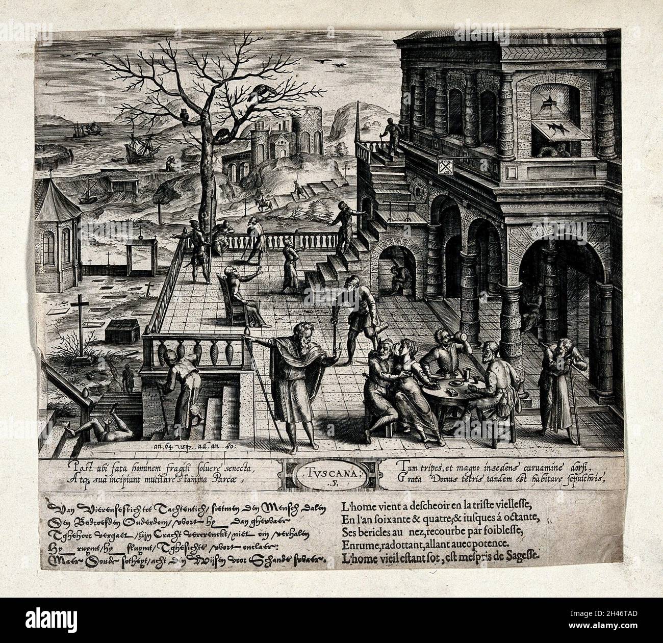 Âges de l'homme: Cinquième étape, de l'âge de soixante-quatre à quatre-vingts et les ordres classiques de l'architecture: toscane.Gravure de J. Wierix, 1577, d'après J. Vredeman de Vries. Banque D'Images
