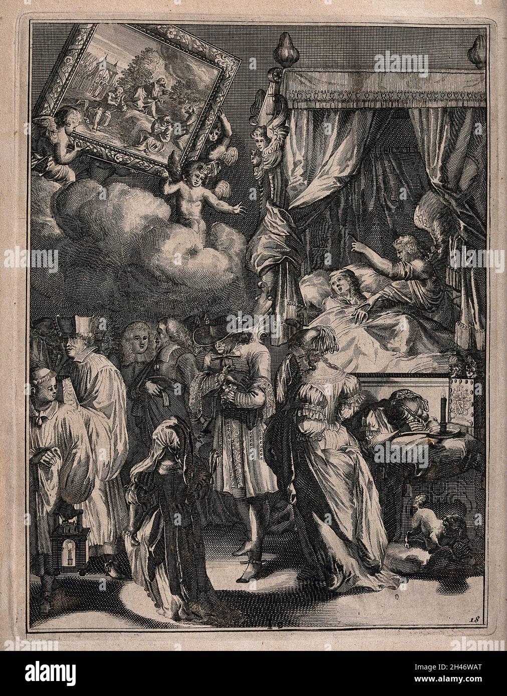 Un ange dirige l'attention d'un homme mourant vers une image de l'agonie dans le jardin de Gethsemane.Gravure. Banque D'Images