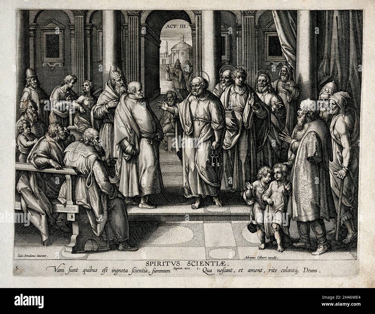 La puissance de la connaissance: Pierre et les disciples vont à l'arche de Salomon et prêchent, ayant guéri un homme boiteux.Gravure par Adrian Collaert après Jan van der Straet, 1567/1605. Banque D'Images