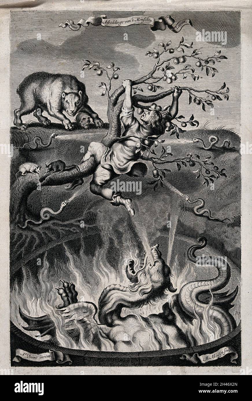 Un homme s'accroche à un arbre, luttant pour ne pas tomber dans un chou-fleur contenant un monstre pendant qu'un ours et des serpents regardent; les rats rongent le tronc de l'arbre; représentant la menace et la victoire éventuelle de la mort.Gravure de M. Mouzyn, 1656 (?), d'après A.P. van de Venne. Banque D'Images