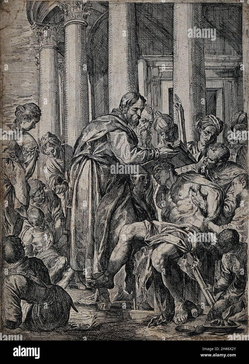 Saint Barnabas : il guérit un malade en tenant l'évangile de Saint Matthieu sur la tête de l'homme.Gravure par P. Brebiette après P. Caliari, il Veronese. Banque D'Images