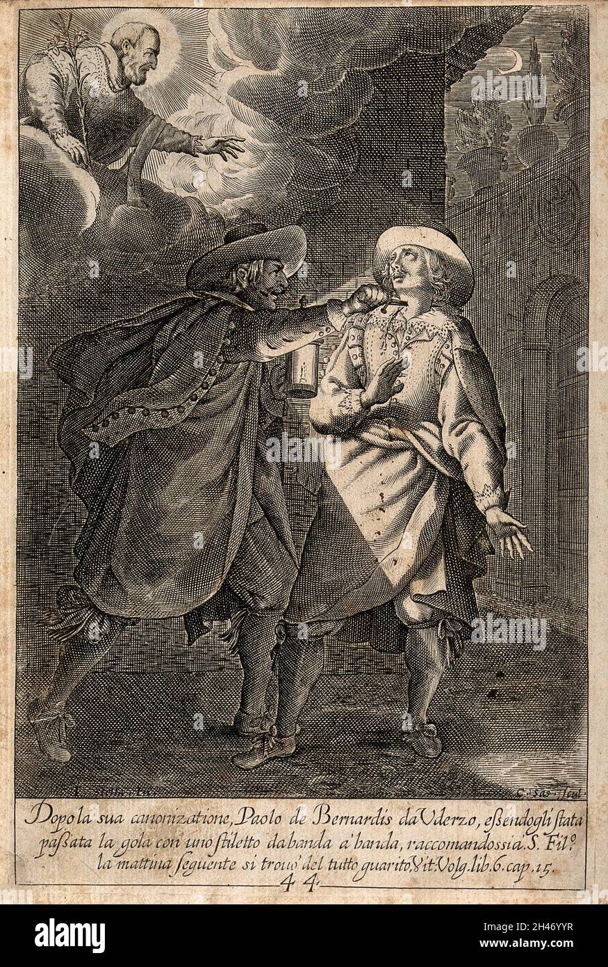 Paolo de Bernardis da Uderzo est attaqué par un homme qui se lache la gorge avec un poignard: Il se récupère par l'intercession de Saint Philip Neri.Gravure par C. SAS après J. Stella. Banque D'Images