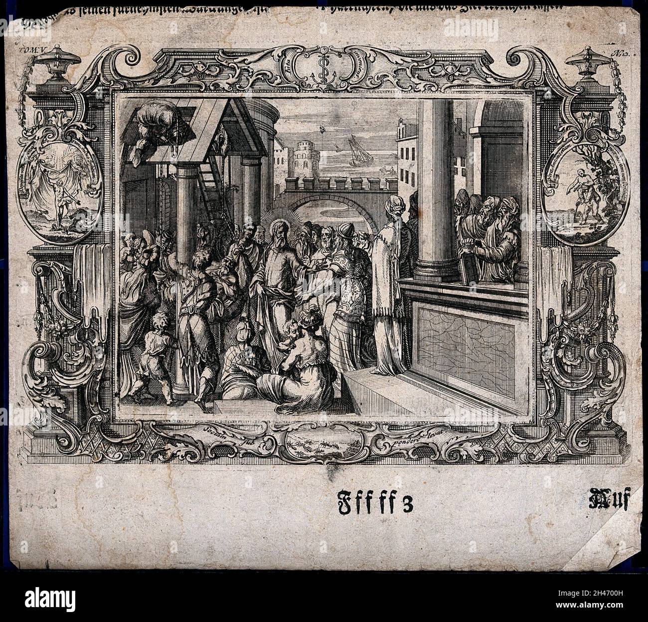 Christ guérissant l'homme boiteux qui a été abaissé par le toit.Gravure par M.H. Rentz. Banque D'Images