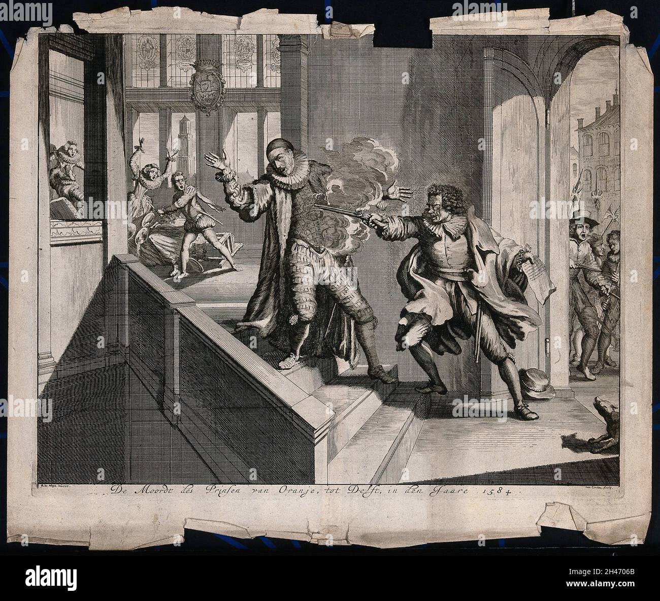 William I, prince d'Orange, est tiré par l'assassin Balthasar Gérard dans le Prinsenhof à Delft en 1584.Gravure par Jan Luyken après R. de Hooghe. Banque D'Images