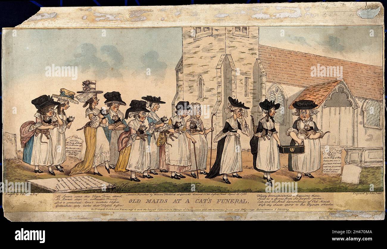 Une procession funéraire de femmes âgées avec des chats dans leurs bras, suivant le cercueil d'un chat mort, dans un cimetière.Gravure en crépi de couleur par J. Pettit après P.EX.Byron, 1789. Banque D'Images
