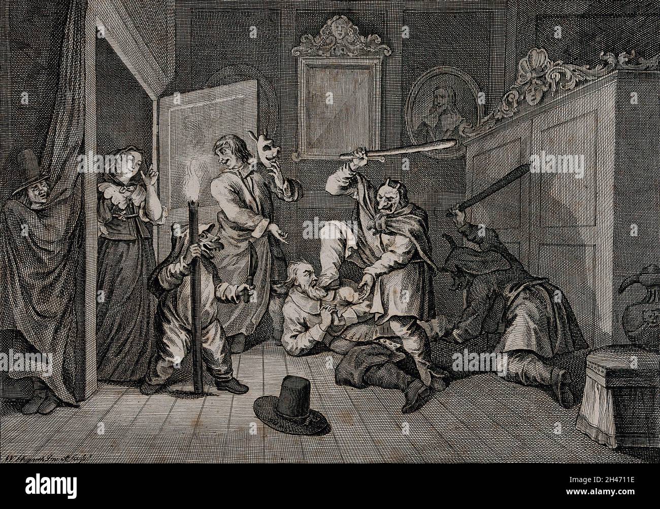 Deux hommes portant des masques club Hudibras, comme Ralphos, enlever son masque, et une veuve (vêtue de noir), regardent d'une porte.Gravure de William Hogarth. Banque D'Images