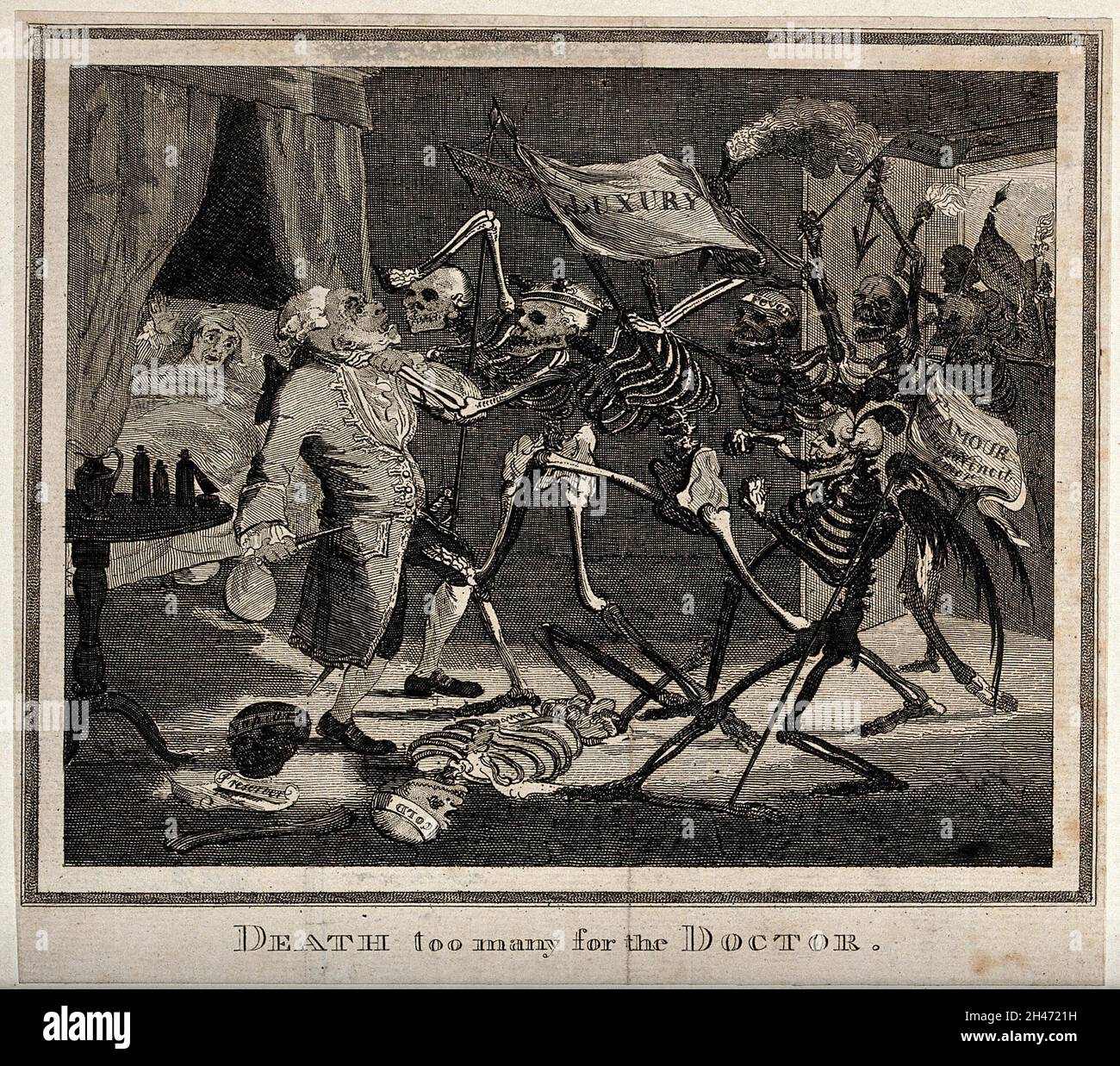 Un médecin qui ne tient pas la mort à distance de son patient; représenté par un groupe de figures de mort squelettique dont l'un attrape le médecin par la gorge; le patient terrifié regarde du lit.Décapage après S. Collages, env.1803. Banque D'Images