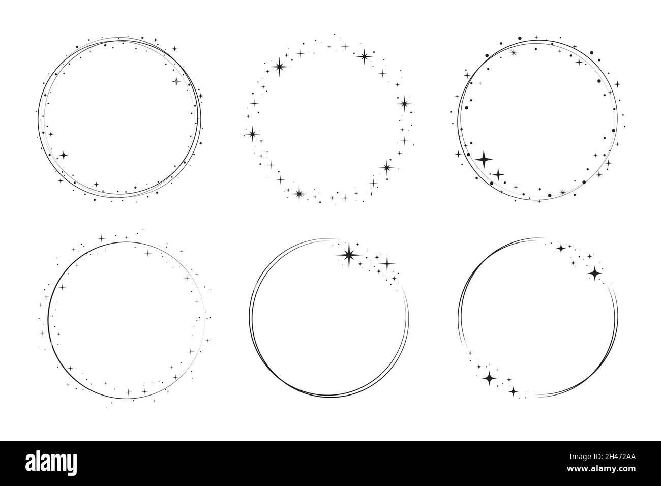 Ensemble de cadres de cercle en étoile.Couronne ronde bordure stardust pour fête, décoration d'anniversaire.Cadre Laurel avec éclat cosmique scintillant.Illustration noire isolée à vecteur plat. Illustration de Vecteur