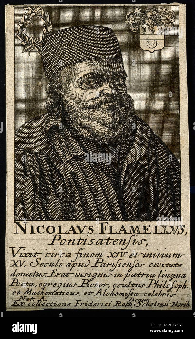 Nicolas Flamel.Gravure de ligne. Banque D'Images